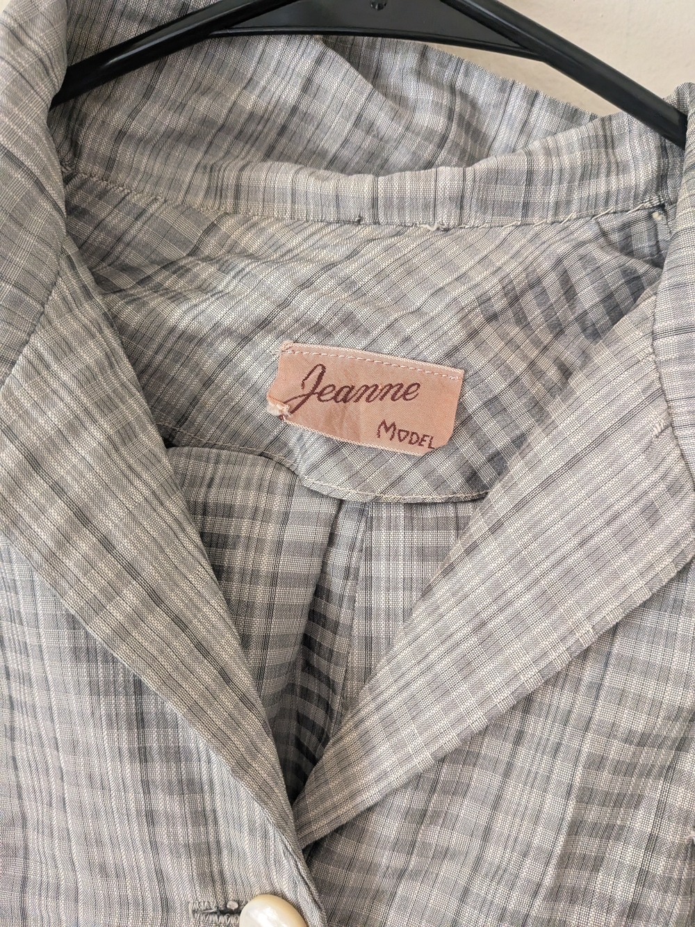 Light Gray Plaid Button Front Peplum Silk Skirt Suit 1950s Vintage - Picture 3 of 4